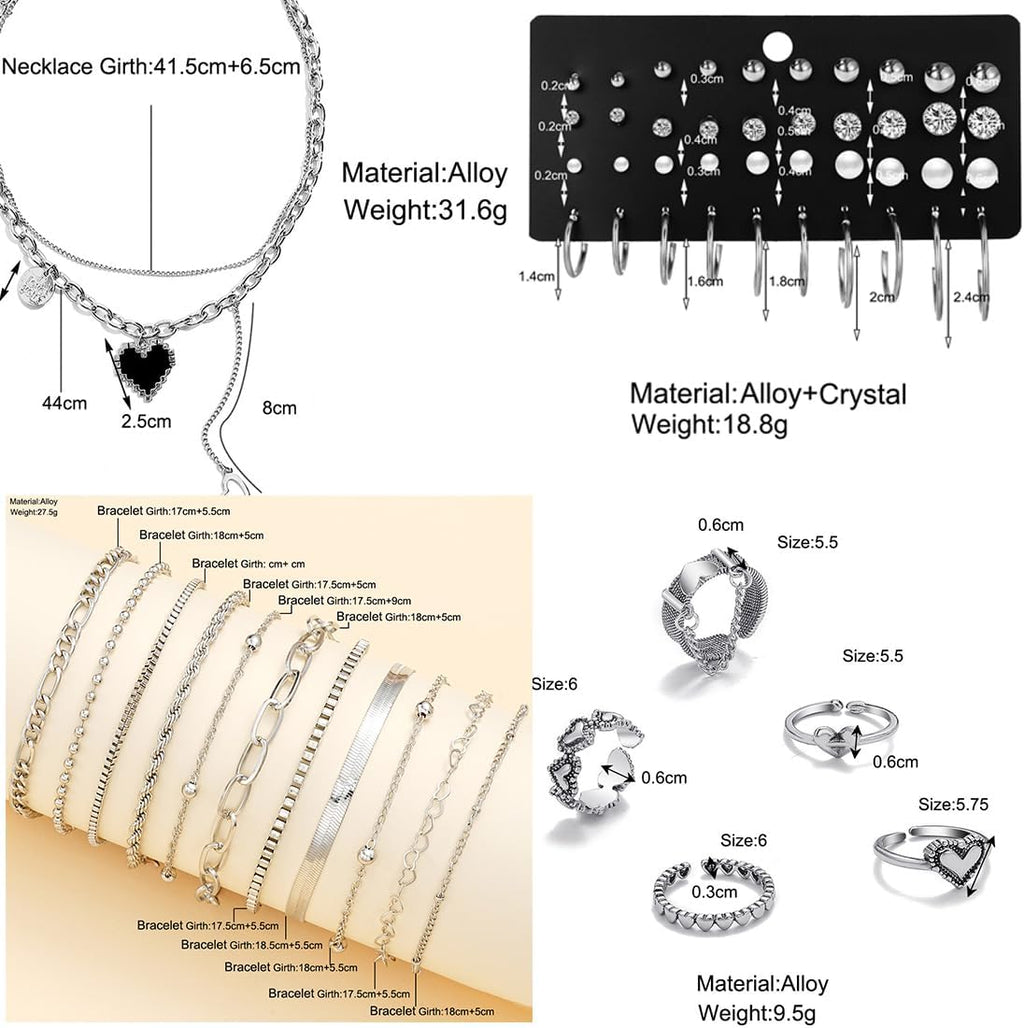 47pcs Silver Jewelry Set With 3 PCS Necklace. 11 PCS Bracelet.20pcs Hoop Stud Earrings.7pcs rings set For Women For Birthday Gifts