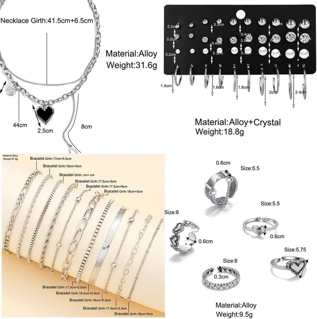 47pcs Silver Jewelry Set With 3 PCS Necklace. 11 PCS Bracelet.20pcs Hoop Stud Earrings.7pcs rings set For Women For Birthday Gifts