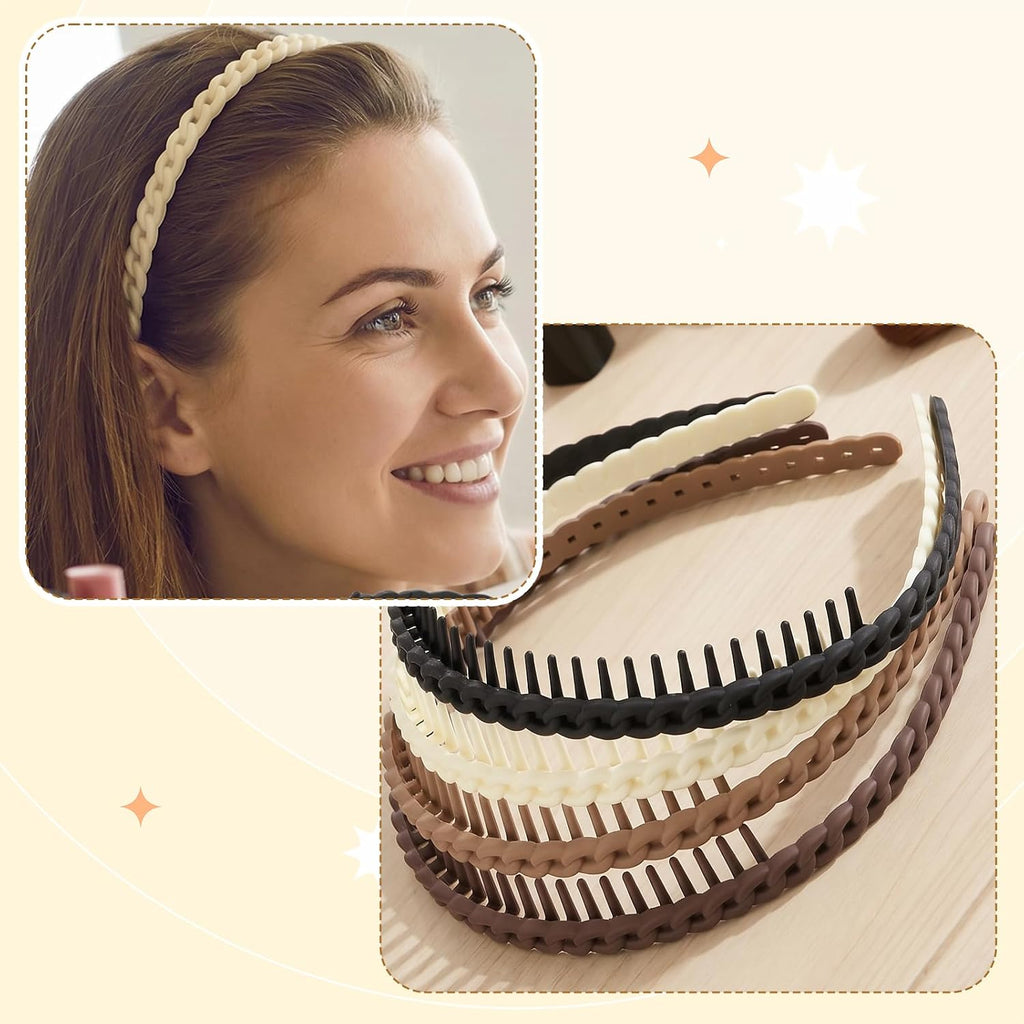 4 Pcs Toothed Plastic Headbands for Women. Non Slip Comfortable | Gripping Teeth Design Prevent Slipping Off. Flexible Comb Hair Bands for Daily Commute Home Hairstyle Fixing