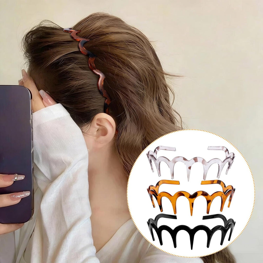 3 Pcs Wavy Comb Headband. Non Slip Zig Zag Headbands. High Cranium Headband with Teeth. Comfortable Comb Headbands for Women (Amber & Black & Grey)