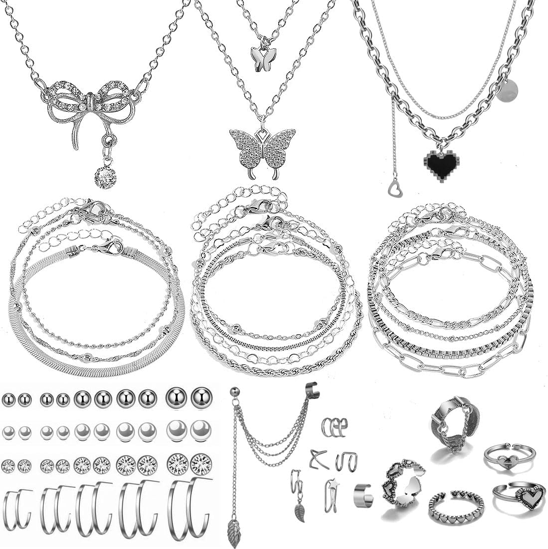 47pcs Silver Jewelry Set With 3 PCS Necklace. 11 PCS Bracelet.20pcs Hoop Stud Earrings.7pcs rings set For Women For Birthday Gifts