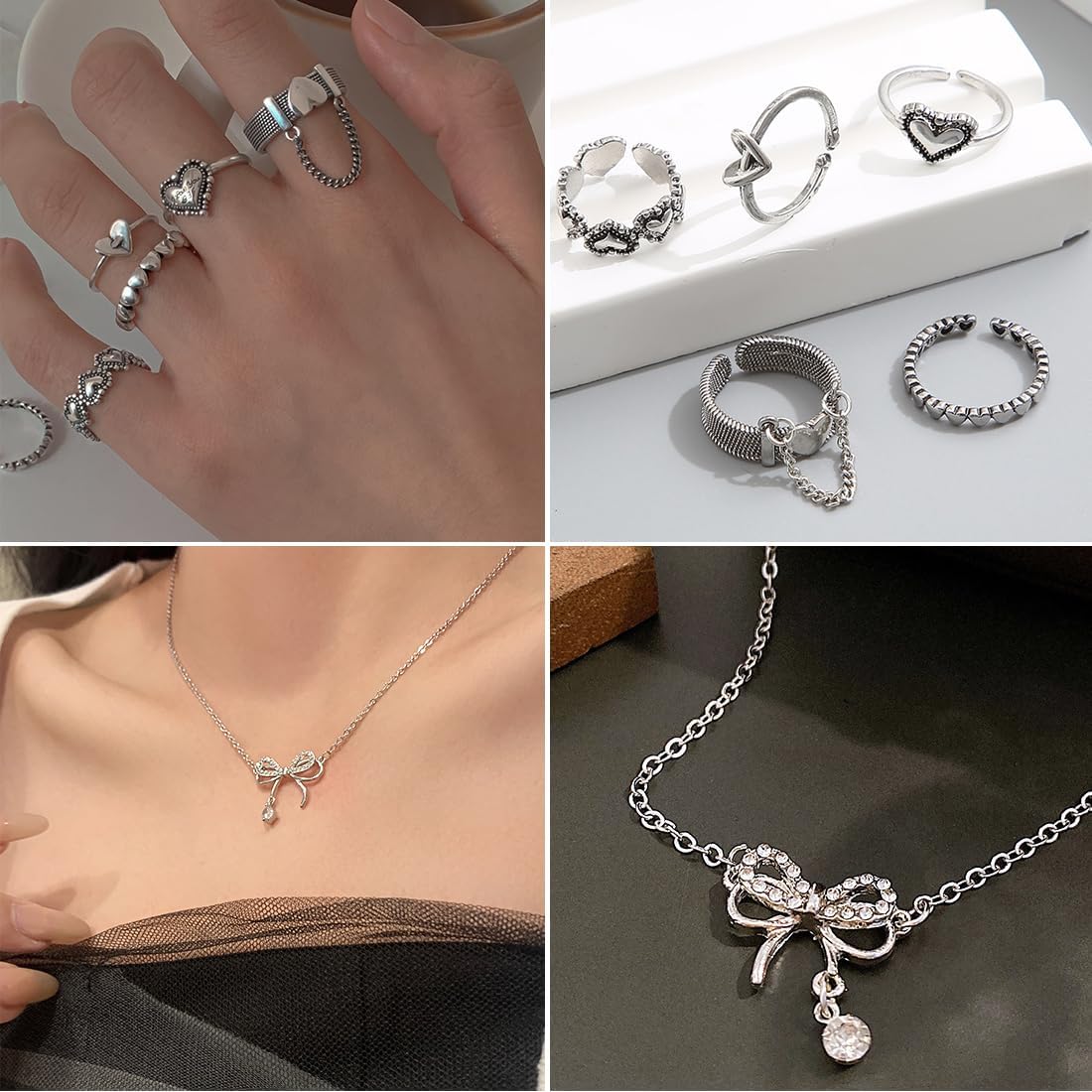 47pcs Silver Jewelry Set With 3 PCS Necklace. 11 PCS Bracelet.20pcs Hoop Stud Earrings.7pcs rings set For Women For Birthday Gifts