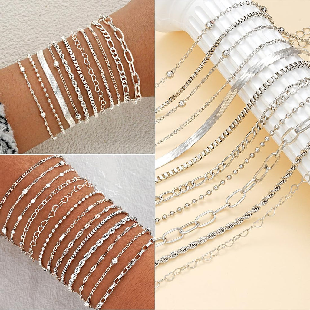 47pcs Silver Jewelry Set With 3 PCS Necklace. 11 PCS Bracelet.20pcs Hoop Stud Earrings.7pcs rings set For Women For Birthday Gifts