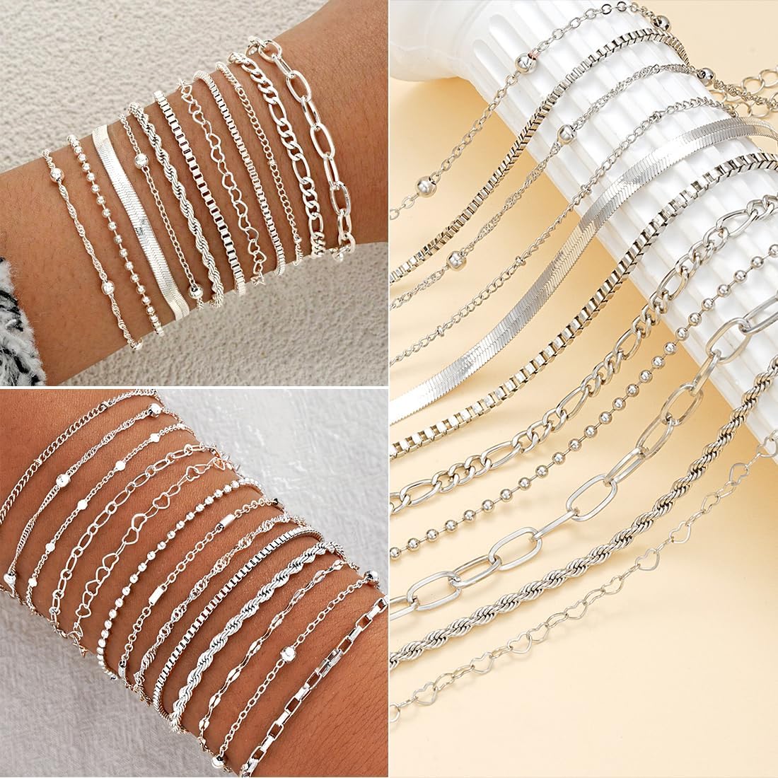 47pcs Silver Jewelry Set With 3 PCS Necklace. 11 PCS Bracelet.20pcs Hoop Stud Earrings.7pcs rings set For Women For Birthday Gifts