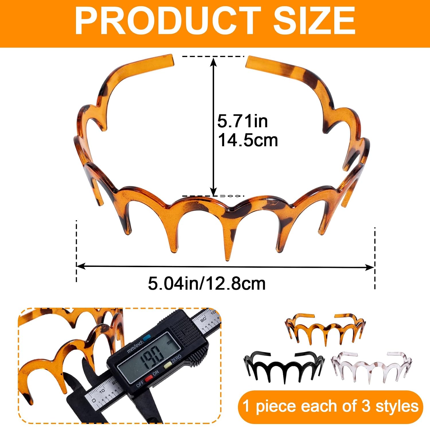 3 Pcs Wavy Comb Headband. Non Slip Zig Zag Headbands. High Cranium Headband with Teeth. Comfortable Comb Headbands for Women (Amber & Black & Grey)