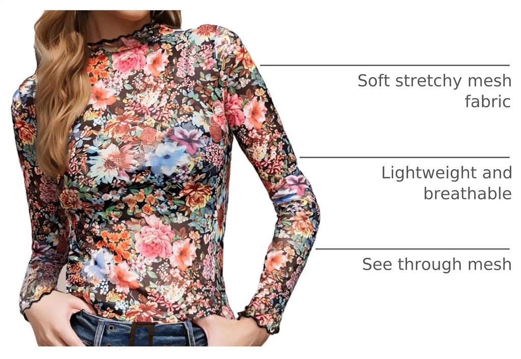 Floral Mock Neck Sheer Undershirts. Western T Shirts. Layering Trendy Fall Outfits.