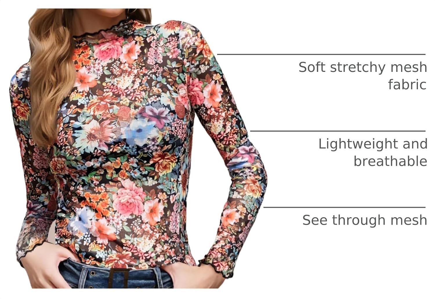 Floral Mock Neck Sheer Undershirts. Western T Shirts. Layering Trendy Fall Outfits.