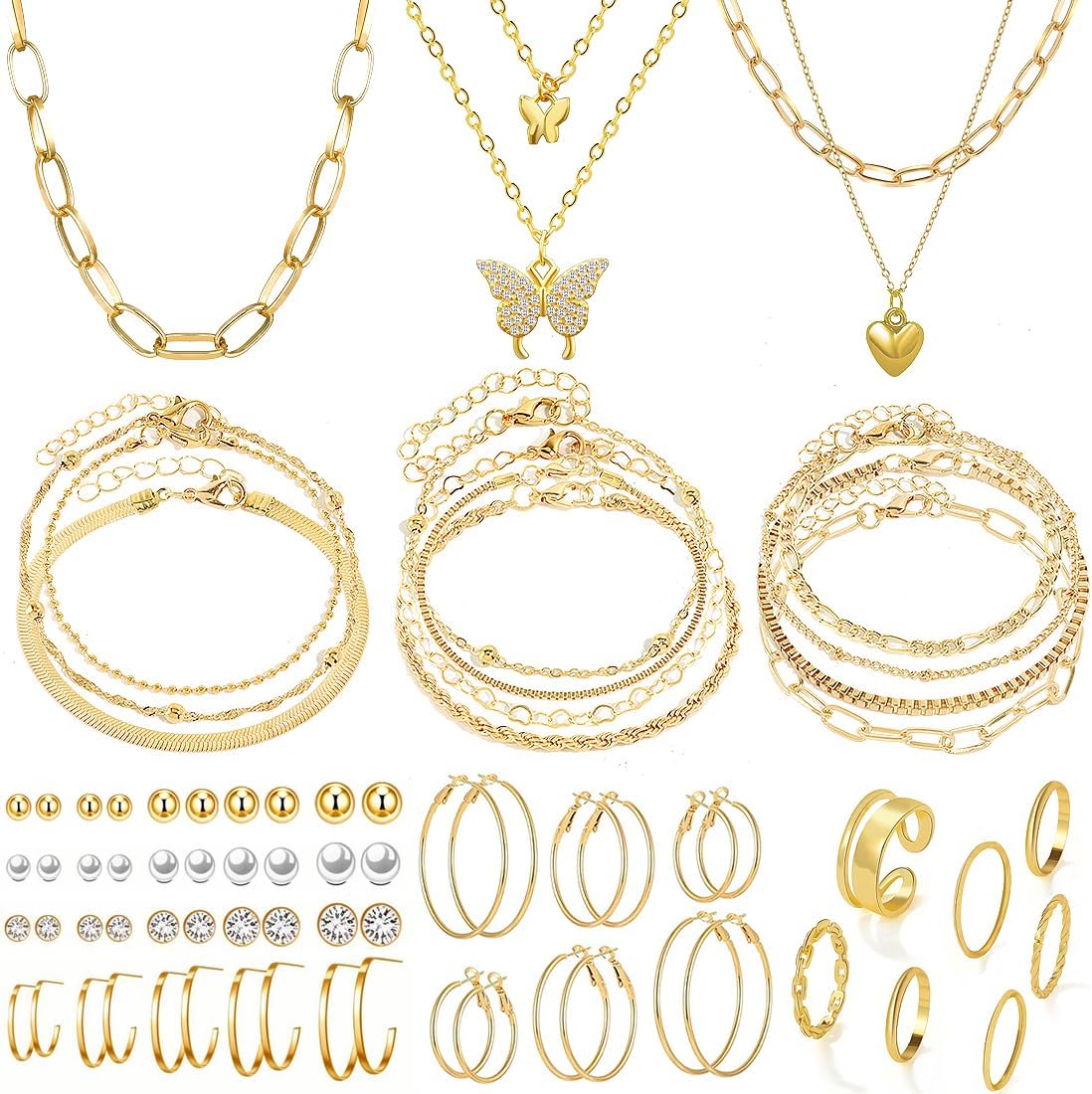 47pcs Silver Jewelry Set With 3 PCS Necklace. 11 PCS Bracelet.20pcs Hoop Stud Earrings.7pcs rings set For Women For Birthday Gifts