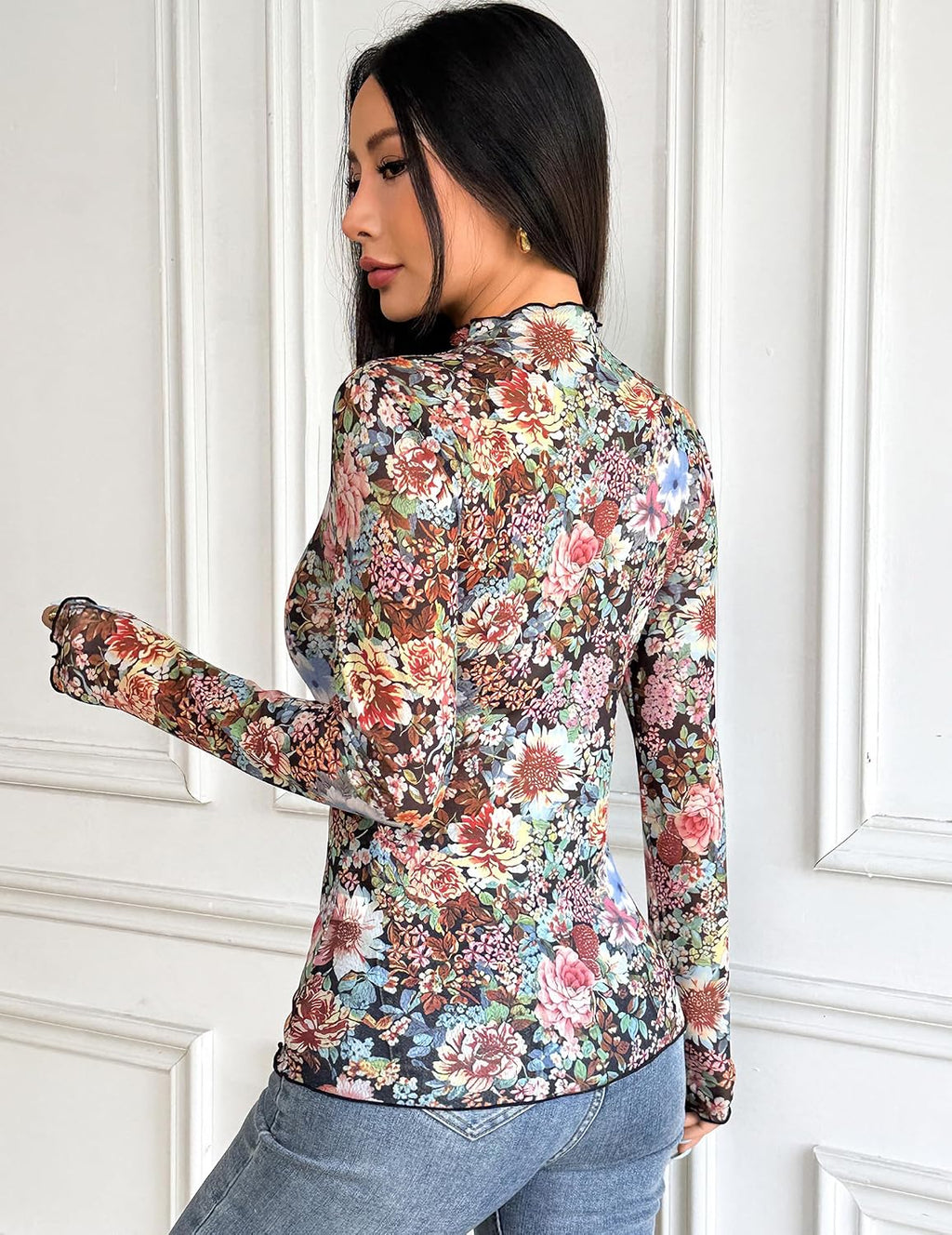 Floral Mock Neck Sheer Undershirts. Western T Shirts. Layering Trendy Fall Outfits.