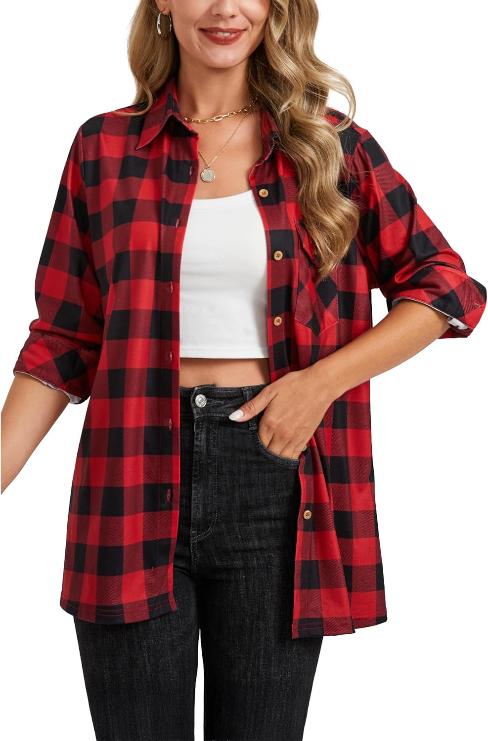 Womens Plaid Shirts Long Sleeve Collared Button Down Shirts Soft Fall Blouses Tops.