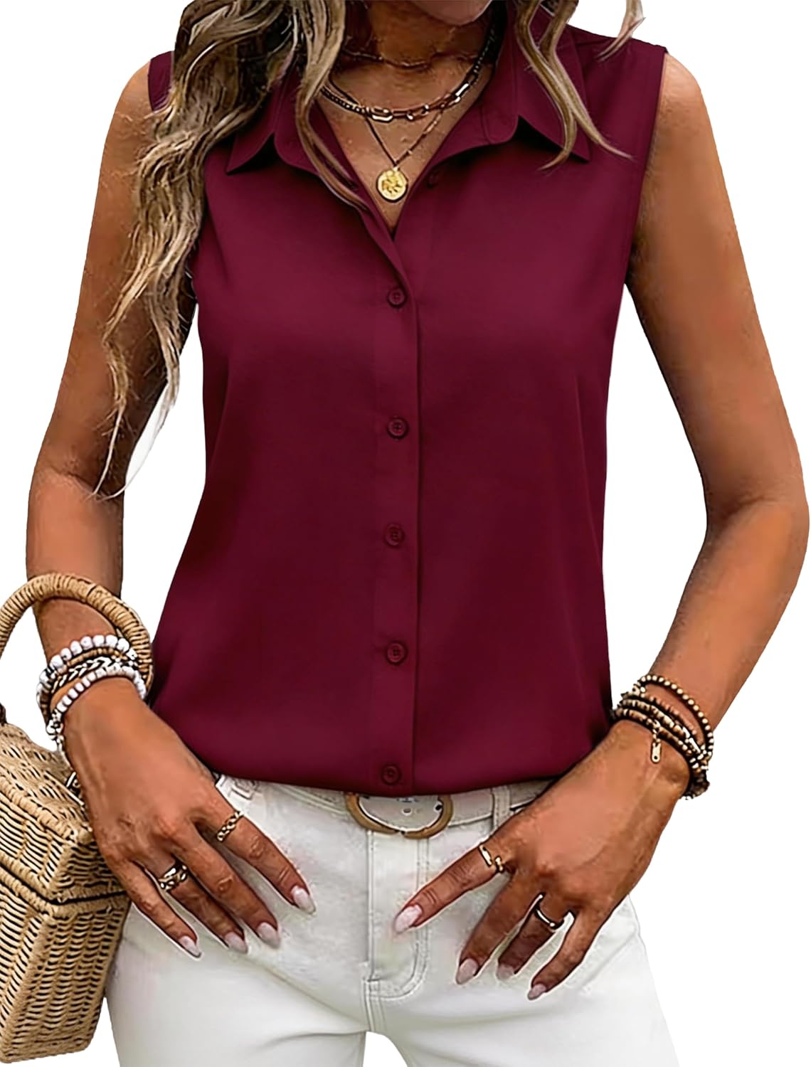 Womens Sleeveless Button Down Shirts Wrinkle Free Solid Business Casual Blouses