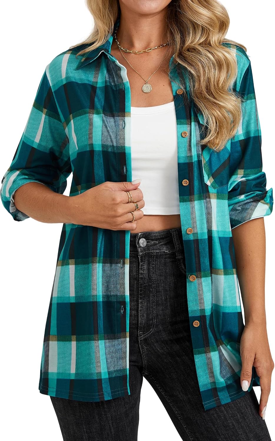 Womens Plaid Shirts Long Sleeve Collared Button Down Shirts Soft Fall Blouses Tops.