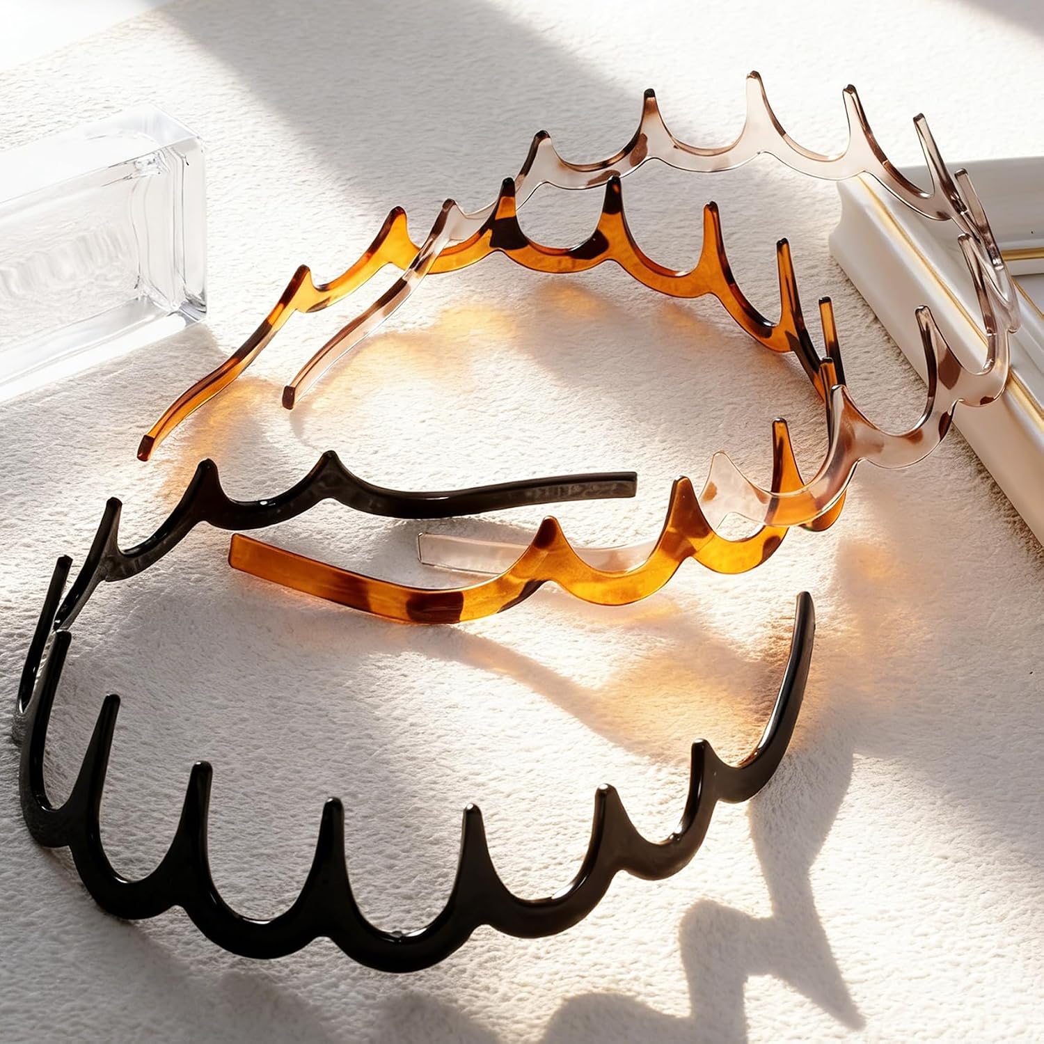 3 Pcs Wavy Comb Headband. Non Slip Zig Zag Headbands. High Cranium Headband with Teeth. Comfortable Comb Headbands for Women (Amber & Black & Grey)