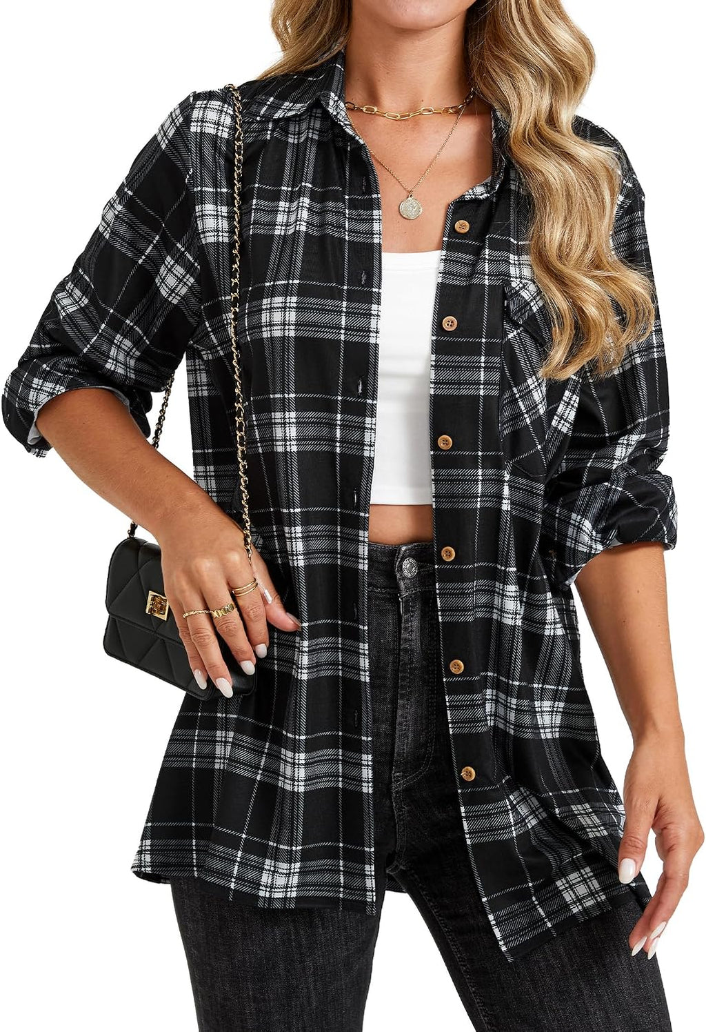 Womens Plaid Shirts Long Sleeve Collared Button Down Shirts Soft Fall Blouses Tops.
