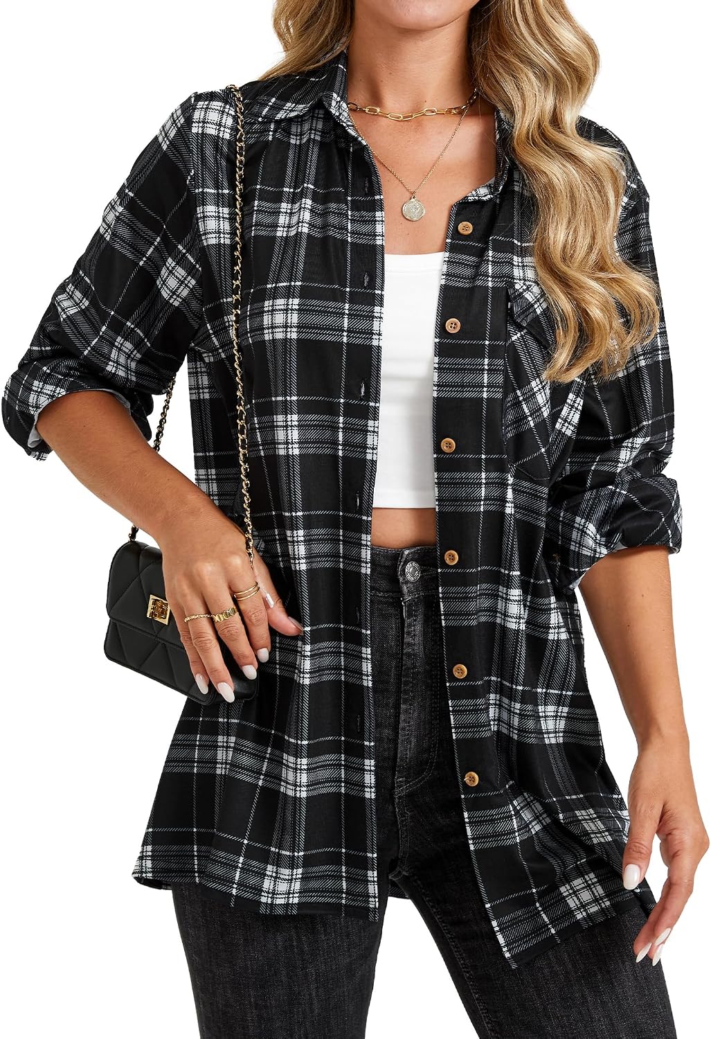 Womens Plaid Shirts Long Sleeve Collared Button Down Shirts Soft Fall Blouses Tops.