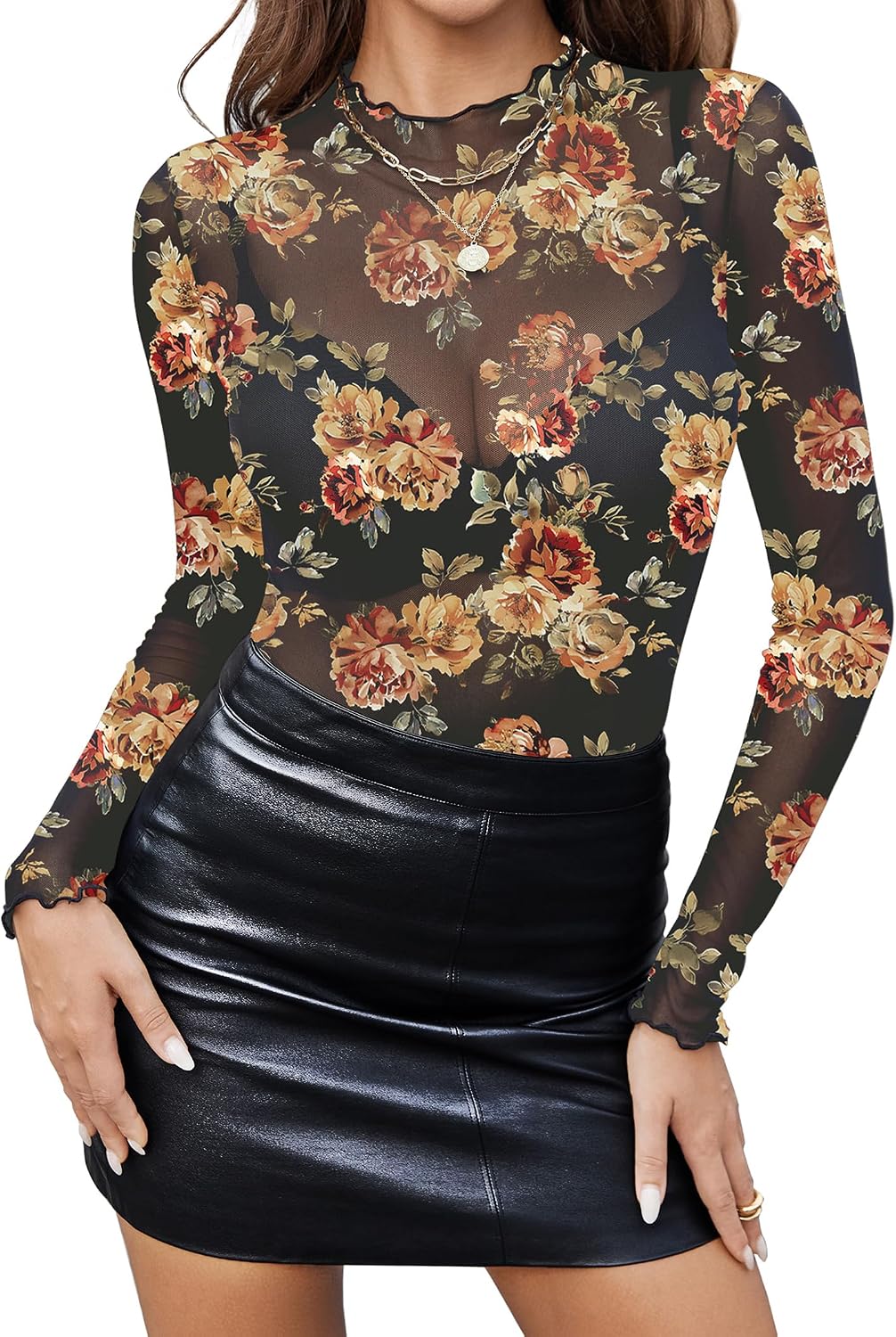 Floral Mock Neck Sheer Undershirts. Western T Shirts. Layering Trendy Fall Outfits.