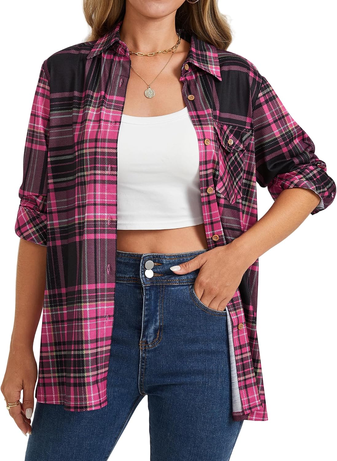 Womens Plaid Shirts Long Sleeve Collared Button Down Shirts Soft Fall Blouses Tops.