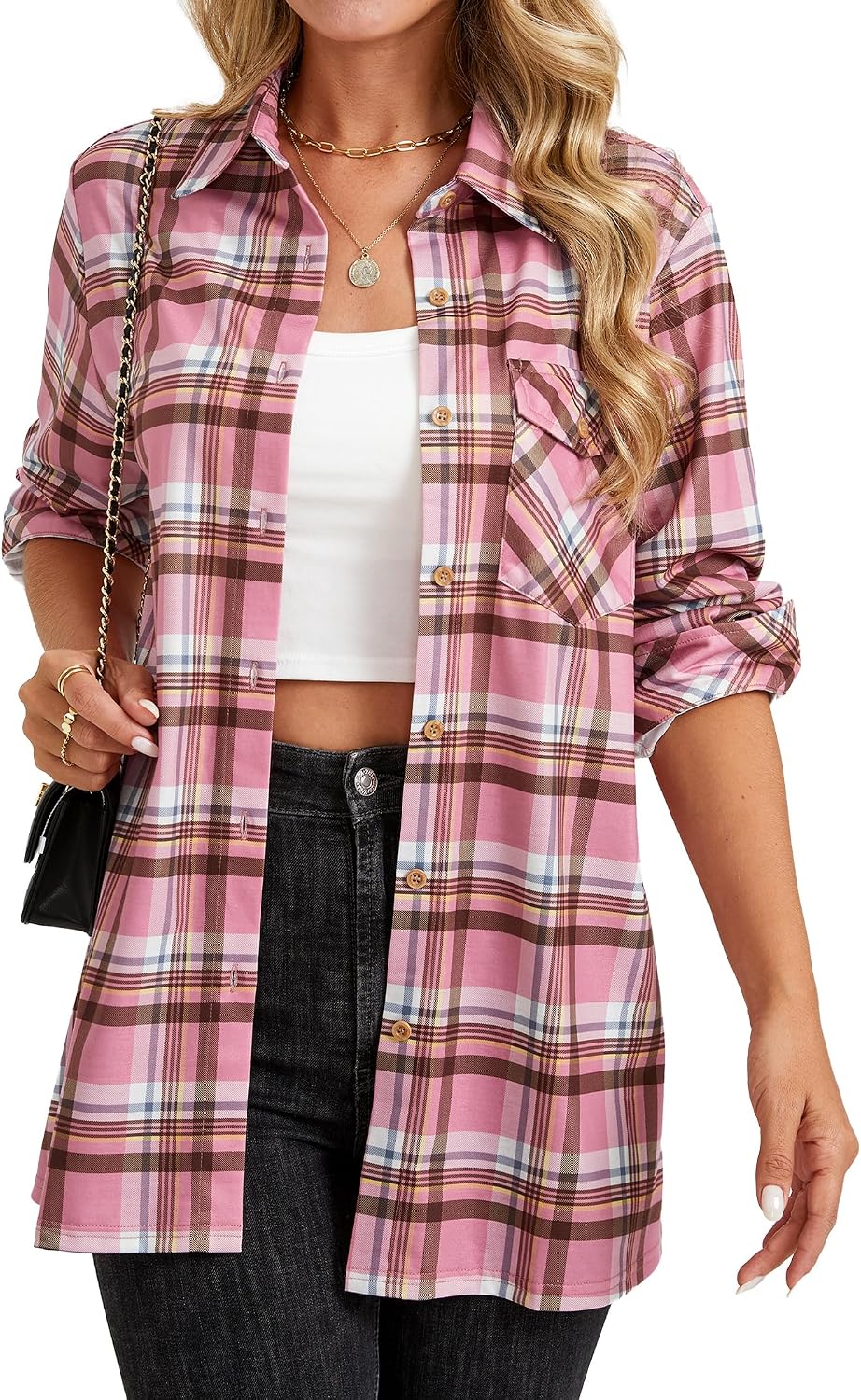 Womens Plaid Shirts Long Sleeve Collared Button Down Shirts Soft Fall Blouses Tops.