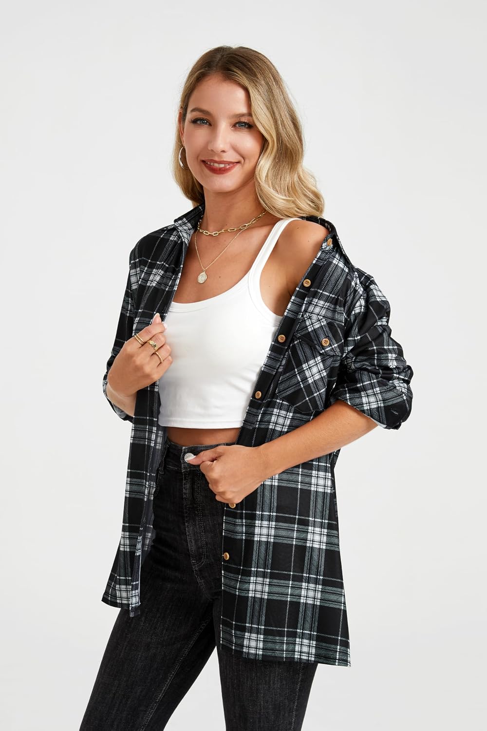 Womens Plaid Shirts Long Sleeve Collared Button Down Shirts Soft Fall Blouses Tops.