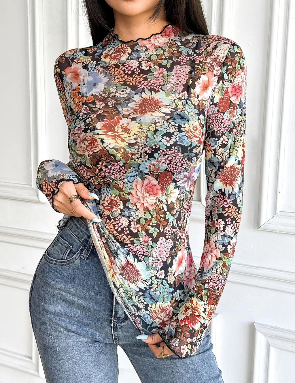 Floral Mock Neck Sheer Undershirts. Western T Shirts. Layering Trendy Fall Outfits.