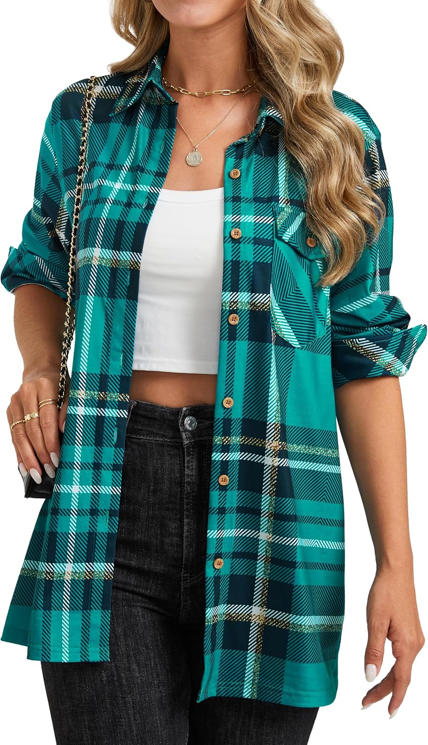 Womens Plaid Shirts Long Sleeve Collared Button Down Shirts Soft Fall Blouses Tops.