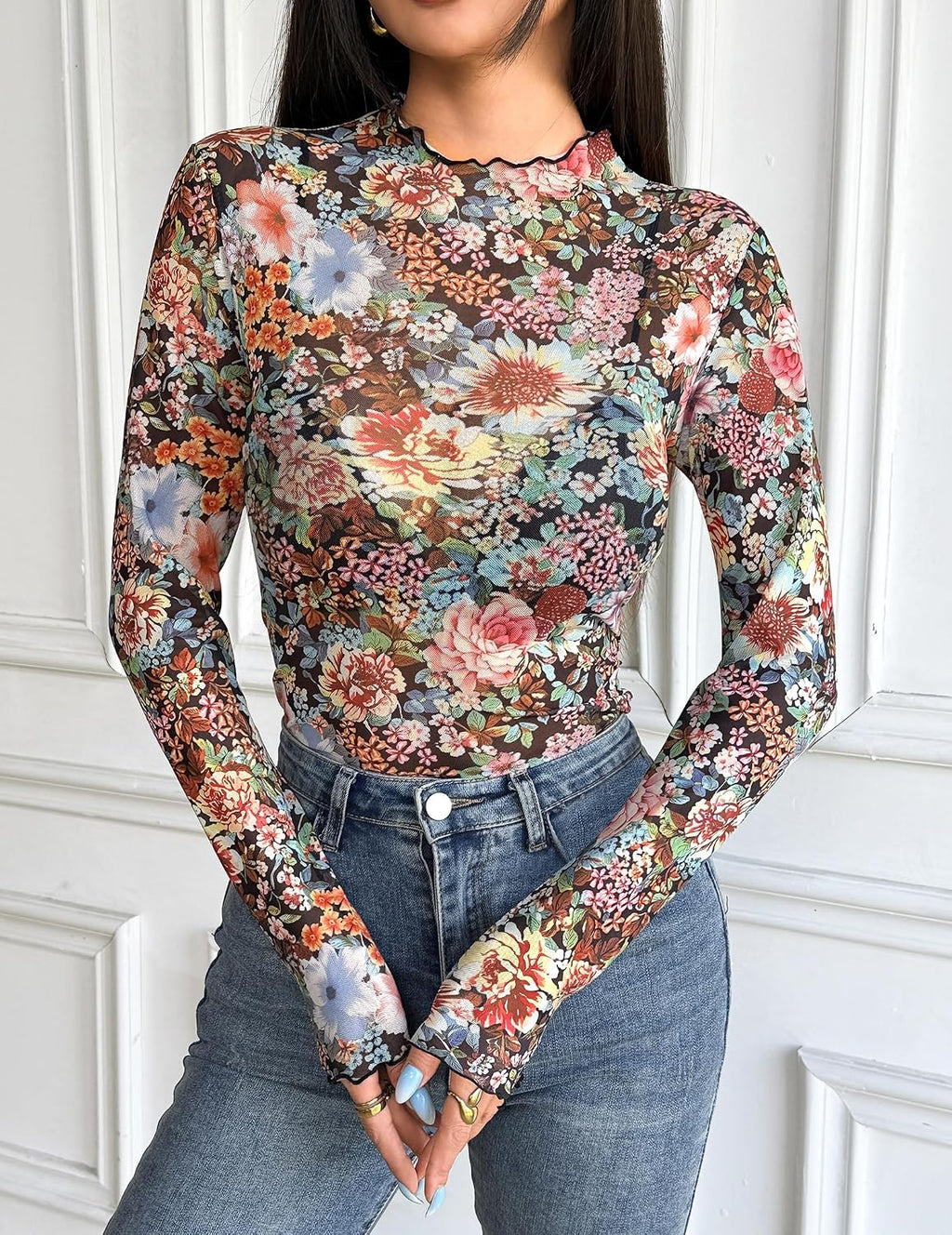 Floral Mock Neck Sheer Undershirts. Western T Shirts. Layering Trendy Fall Outfits.